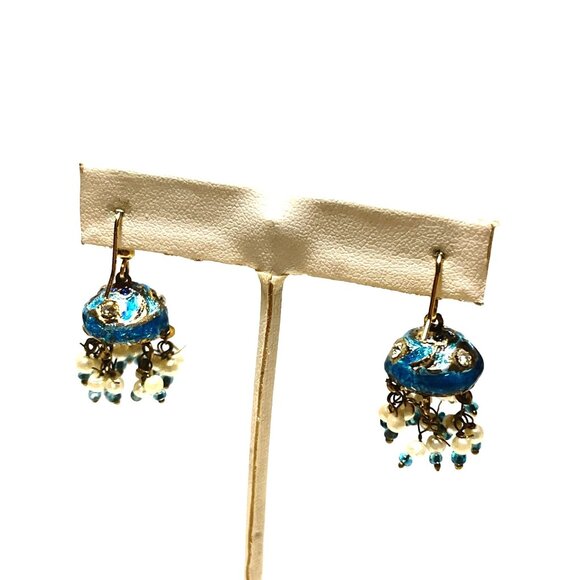 Vintage Blue & Gold Enamel Dangle Jhumka Earrings With Beaded Tassels - Picture 4 of 4